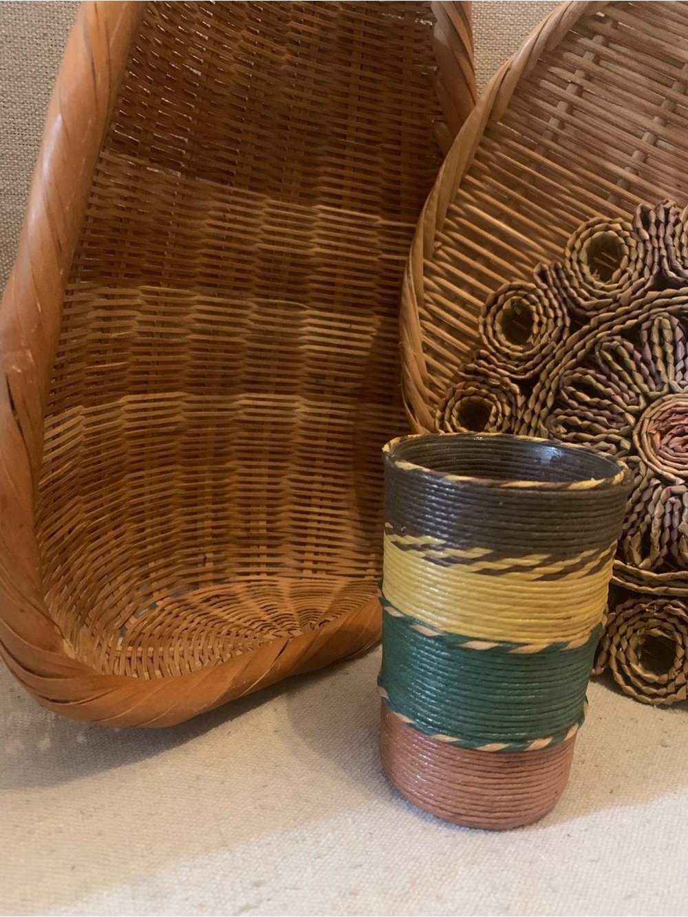 Handwoven Vintage pieces-Vase/glass has fine cording in exquisite design. 5” H,